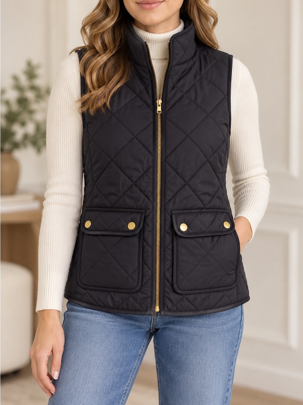 J.Crew Factory Black Quilted Puffer Vest Gold Hardware Size Small